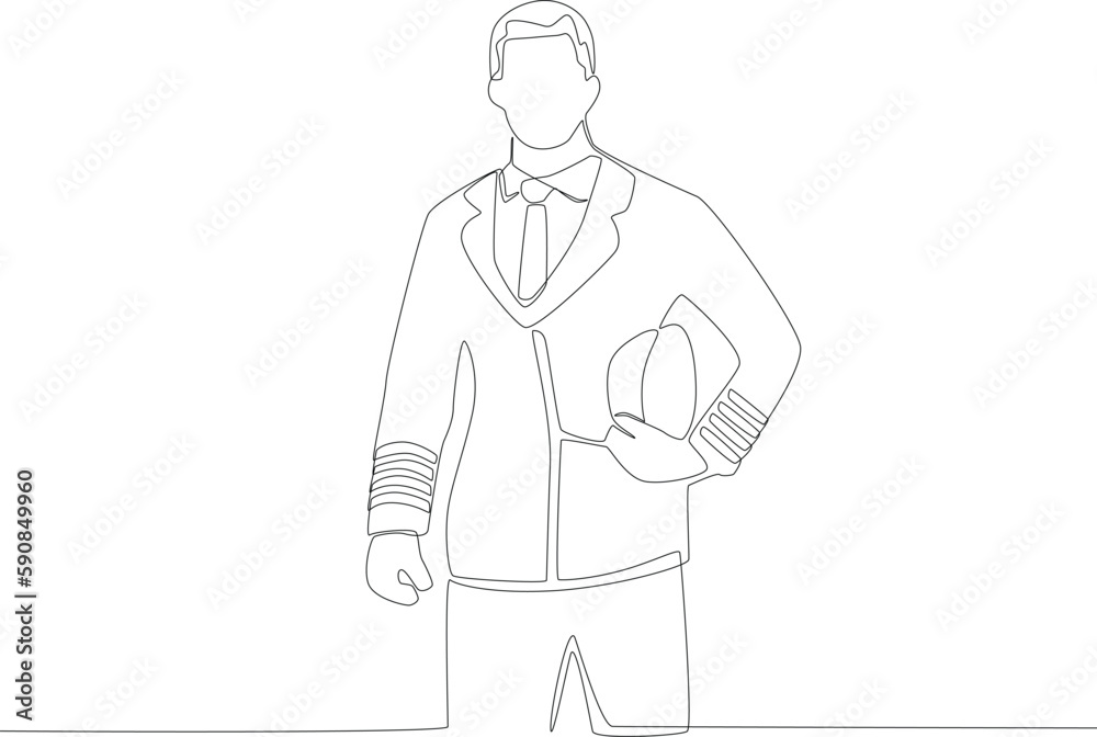 A man stood tall holding a hat around his waist. Pilot and plane one-line drawing A man stood tall holding a hat around his waist. Pilot and plane one-line drawing