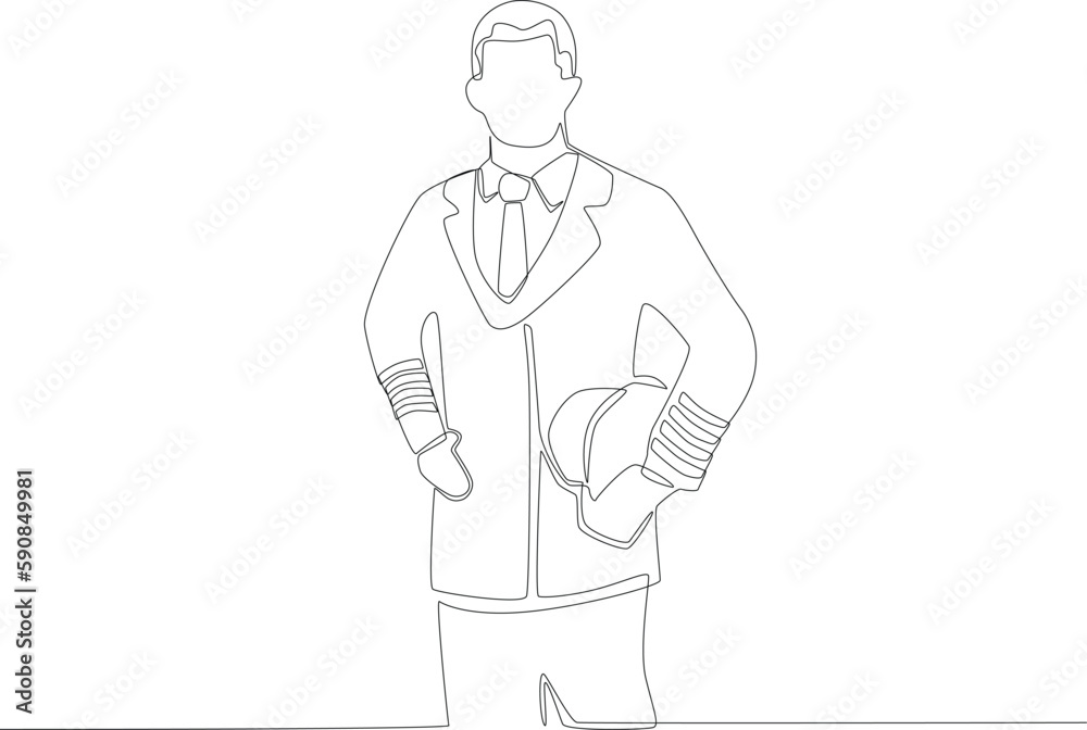 A pilot holds a hat around his waist. Pilot and plane one-line drawing