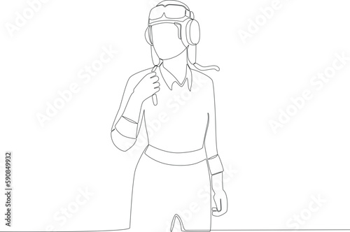 A woman wearing a pilot outfit. Pilot and plane one-line drawing