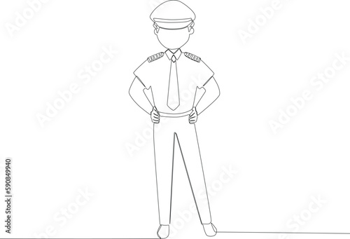 A male pilot stands waist-ruffled. Pilot and plane one-line drawing