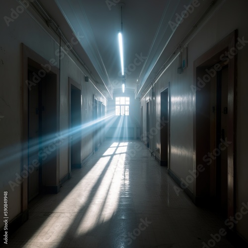 Rays of light in the corridor of the hospital, generative ai