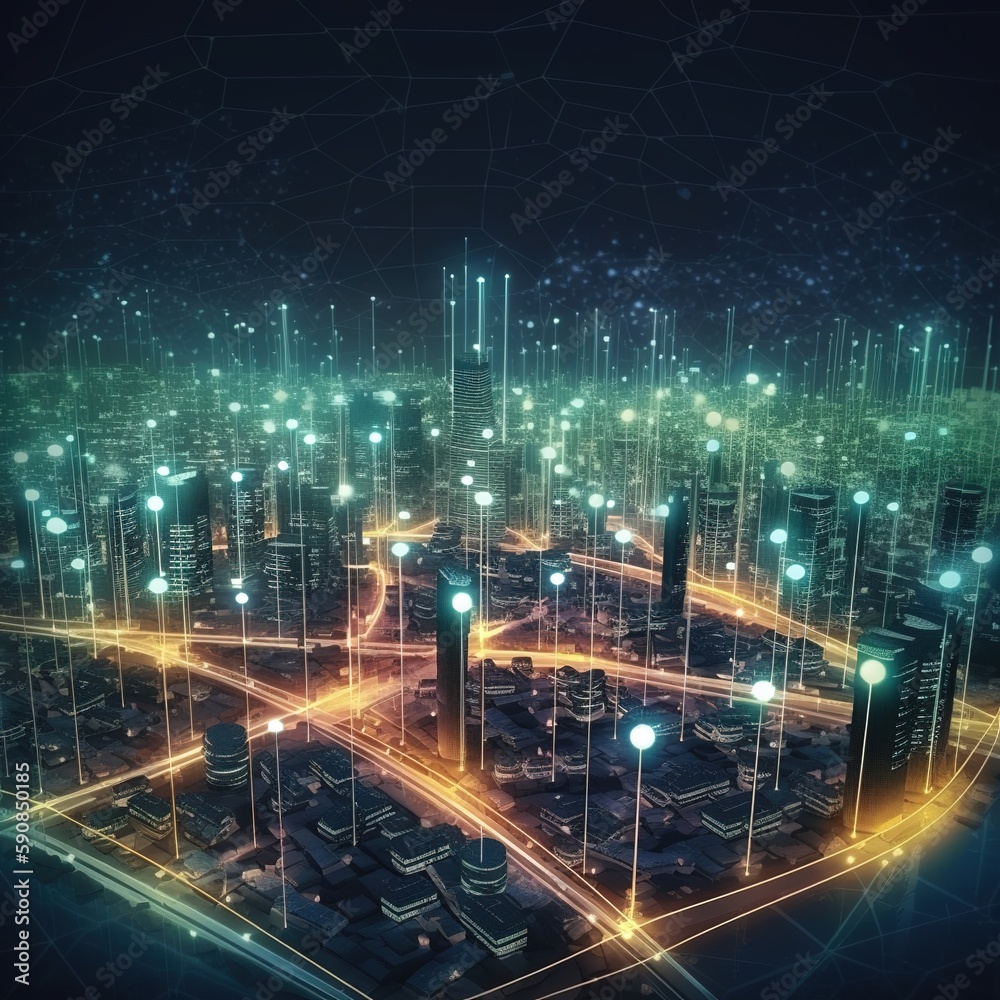 Smart city with particle glowing light connection, generative ai