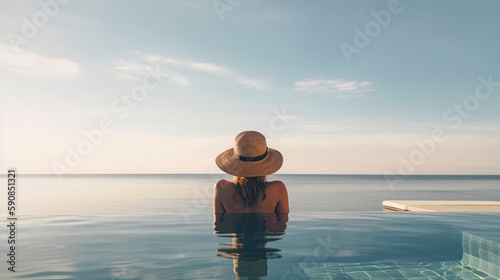 Young woman enjoying sun in the pool. Generative AI © AdriFerrer