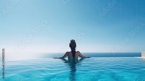 Young woman enjoying sun in the pool. Generative AI