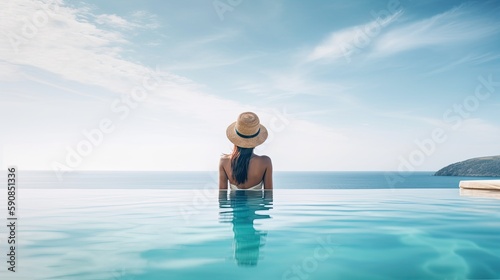 Young woman enjoying sun in the pool. Generative AI