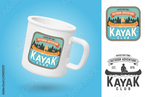 White camping cup. Realistic mug mockup template with sample design. Kayak club patch. Vector. Concept for shirt, stamp or tee. Sticker design with kayaker silhouette. Extreme water sport. Outdoor