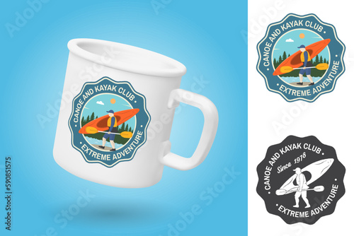 White camping cup. Realistic mug mockup template with sample design. Canoe and kayak club badge. Vector. Sticker, patch with kayaker silhouette. Extreme water sport. Outdoor adventure emblems, kayak