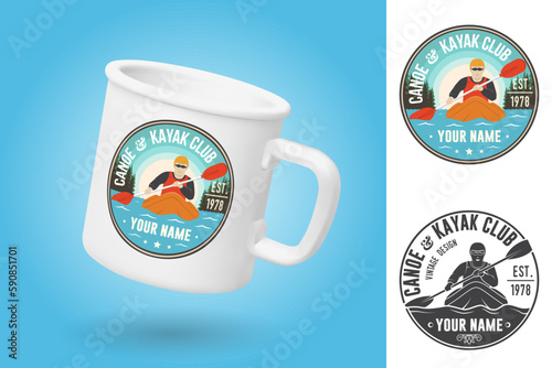 White camping cup. Realistic mug mockup template with sample design. Canoe and kayak Club patch. Vector. Sticker, patch design with kayaker silhouette. Extreme water sport. Outdoor adventure emblems