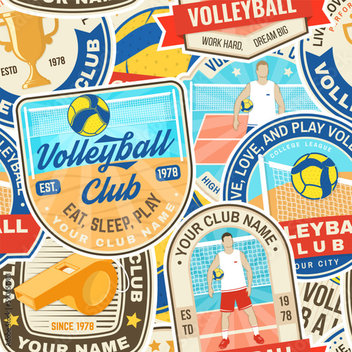Volleyball club seamless pattern. Background with volleyball emblem, patch, sticker. Vector illustration. Vintage label, sticker, patch with ball, player. Concept for background or wallpaper