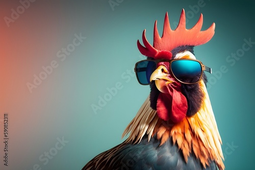 Rooster wearing sunglasses. AI generated illustration.