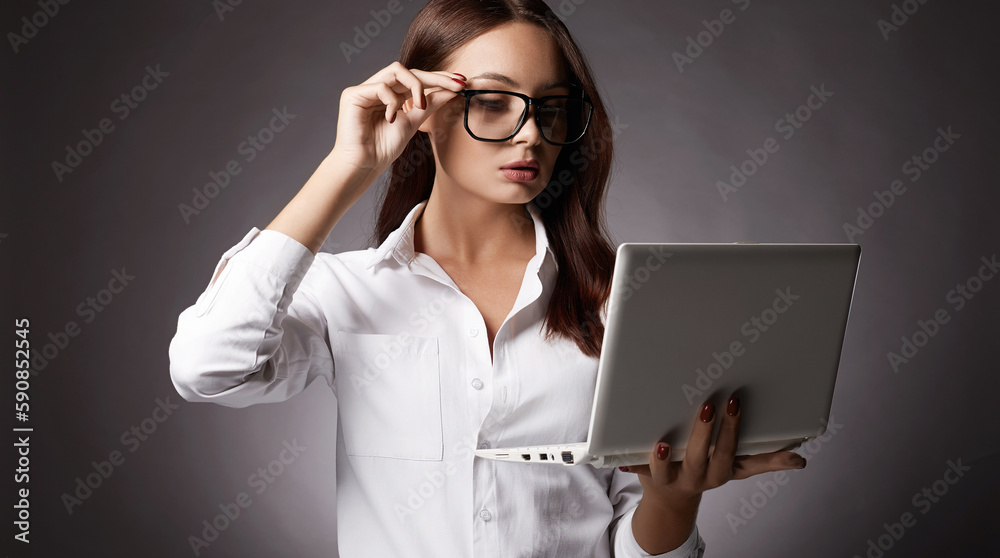 beautiful Business woman in glasses. pretty girl with laptop beautiful Business woman in glasses. pretty girl with laptop