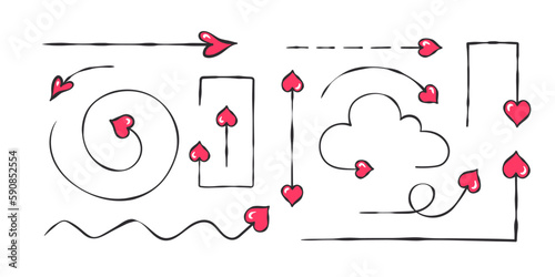 Doodle arrows. Hand-drawn arrows in the shape of hearts. Vector scalable graphics