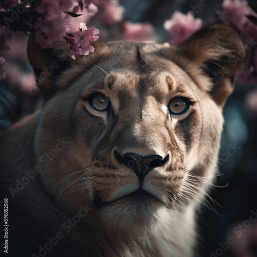 Closeup portrait of lion with cherry bloom flowers on background photo