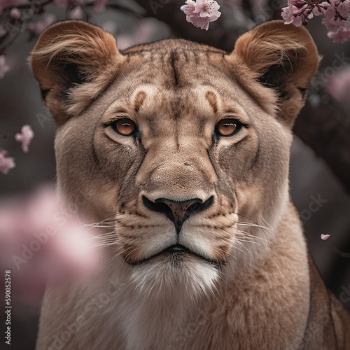 Closeup portrait of lion with cherry bloom flowers on background photo