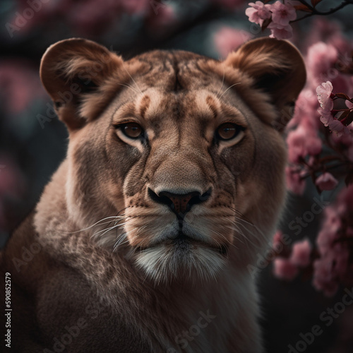 Closeup portrait of lion with cherry bloom flowers on background