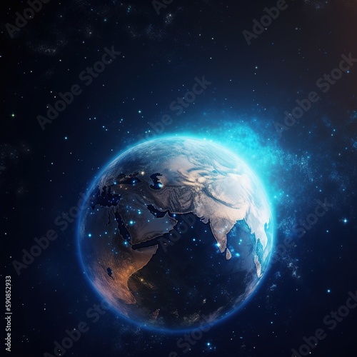 Earth in the space. Blue planet for wallpaper. blue planet or globe on galaxy, generative ai