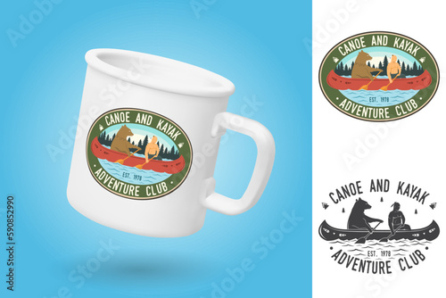 White camping cup. Realistic mug mockup template with sample design. Canoe and Kayak club. Vector. Sticker, patch design with kayaker and bear silhouette. Extreme water sport. Outdoor adventure