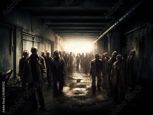 Night of the Living Dead: Zombie Horde Approaching in Abandoned City, Generative AI 