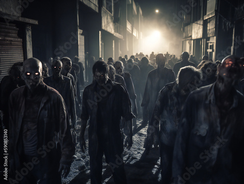 Night of the Living Dead: Zombie Horde Approaching in Abandoned City, Generative AI  © Marcos