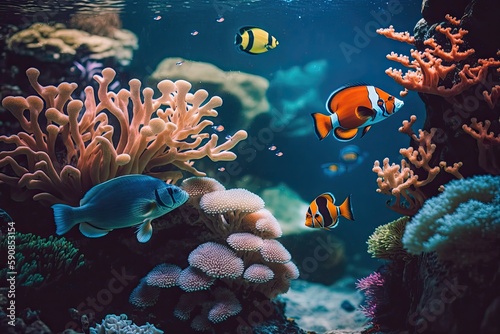 colorful underwater world with a variety of fish swimming around in an aquarium. Generative AI