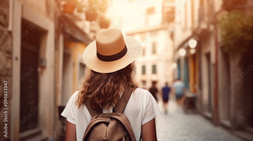 Obraz premium Woman walking in old town during vacation. Generative AI