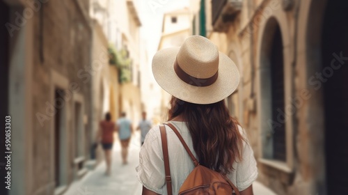 Woman walking in old town during vacation. Generative AI