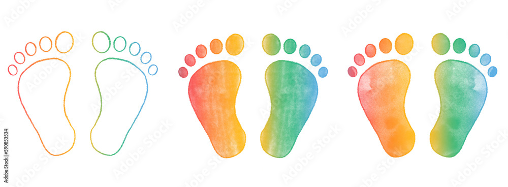 Hand drawn newborn rainbow baby footprint vector illustration set pencil crayon and watercolor paint ink texture gender neutral reveal announcement baby shower lgbt  transparent png jpeg - obrazy, fototapety, plakaty 