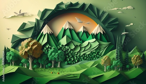 Abstract background with landscape green energy   nature  fresh air and eco world in paper art and craft design concept.  Created using generative AI.