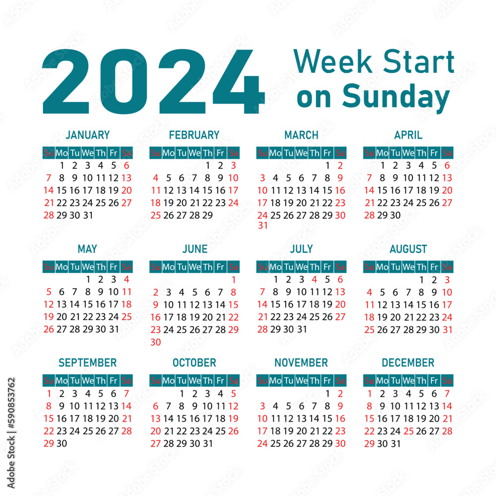 Calendar 2024 template vector. Wall calendar 2024 Week starts on Sunday