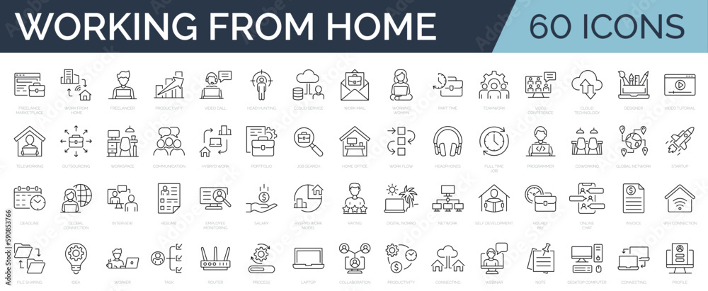 Set of 60 line icons related to remote working, freelance, hybrid work, digital nomad, office, work at home. Outline icon collection. Editable stroke. Vector illustration. 