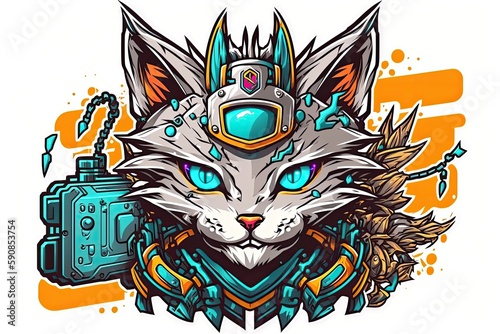 curious cat exploring with a camera and protective helmet. Generative AI