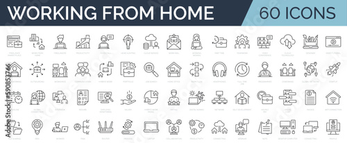 Set of 60 line icons related to remote working, freelance, hybrid work, digital nomad, office, work at home. Outline icon collection. Editable stroke. Vector illustration. 