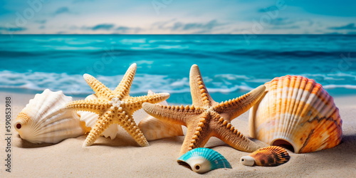 Muscheln und Seesterne auf dem Sand mit Meer im  Hintergrund - erstellt mit AI  © Marc Kunze