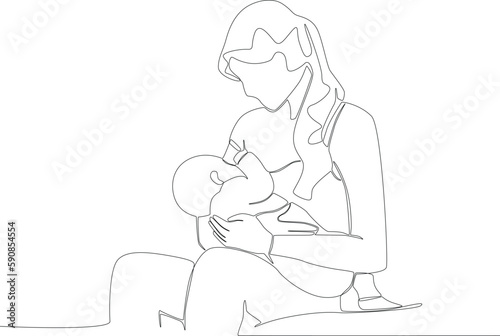 A young mother breastfeeds her cute baby. Pregnant and breastfeeding one-line drawing
