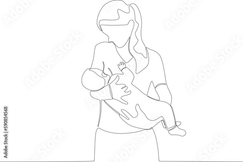 A happy mother breastfeeding her child. Pregnant and breastfeeding one-line drawing