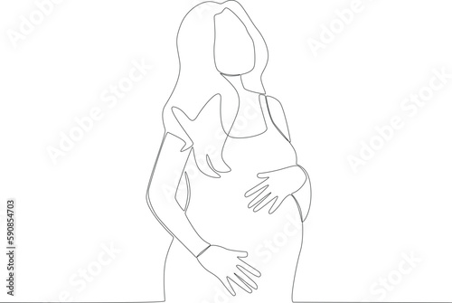 A woman feels contractions in her pregnancy. Pregnant and breastfeeding one-line drawing