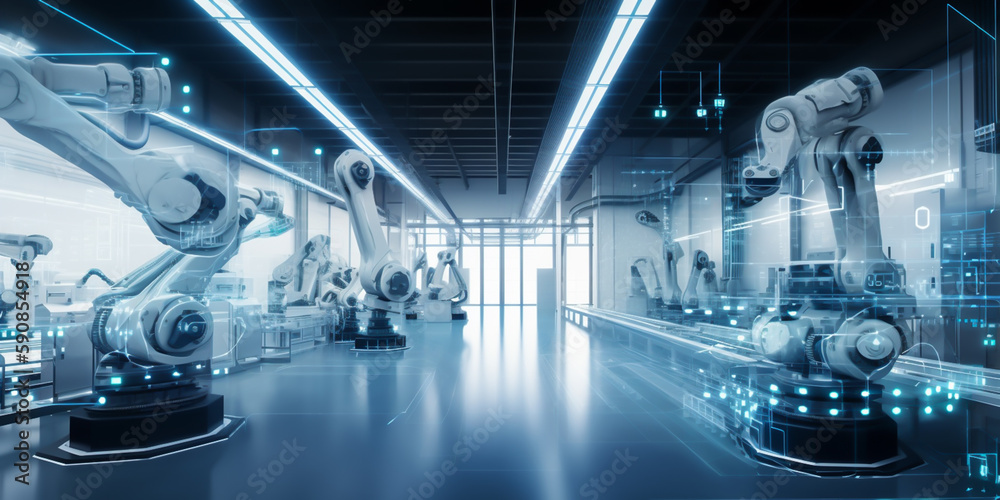 A network of machines, representing the integration of Artificial Intelligence, Industry 4.0 and IT - illustrating the potential of technology. generative ai A network of machines, representing the integration of Artificial Intelligence, Industry 4.0 and IT - illustrating the potential of technology. generative ai
