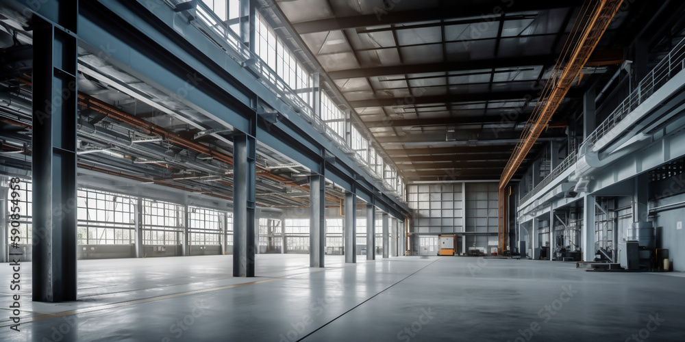 The interior of a modern industrial factory, showing the automated machinery and advanced technology used in production. generative ai