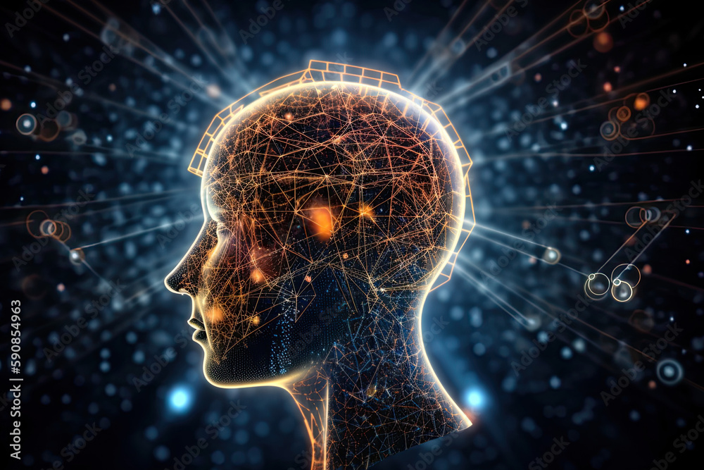 Human head silhouette with neural connection. Thinking process. Generative AI Human head silhouette with neural connection. Thinking process. Generative AI
