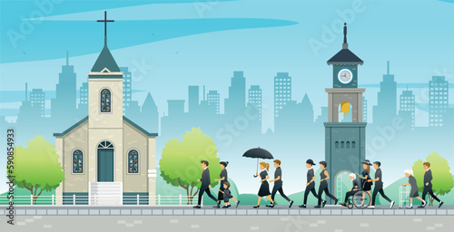 People dressed in black were walking towards the church.