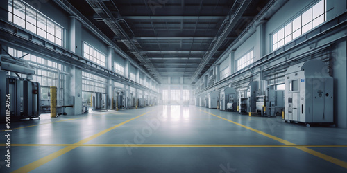 The interior of a modern industrial factory, showing the automated machinery and advanced technology used in production. generative ai