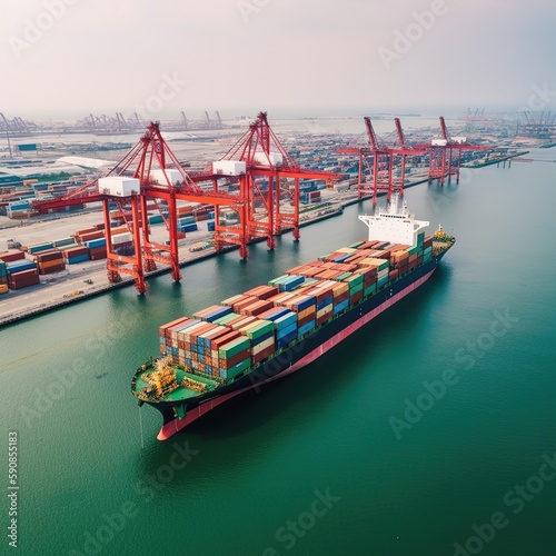 container cargo freight ship, Container ship carrying container box in import export with quay crane, Global business cargo freight shipping commercial trade logistic. generative ai