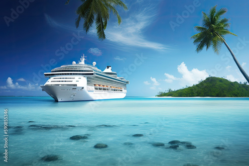 Large cruise ship in tropical landscape. Tourism vacation and summer traveling. Luxury liner ship in the sea. Created with Generative AI © Lazy_Bear