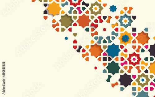 Colorful ornamental inside-out patterned relief in arabic architectural style of islamic mosque,greeting card for Ramadan Kareem