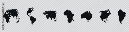 Collection of black continents silhouettes isolated on transparent background. Vector illustration.