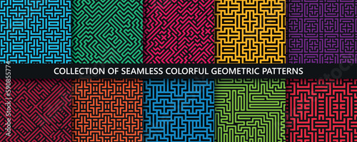 Collection of vector seamless geometric patterns. Striped colorful abstract backgrounds. Ornamental linear textures. Endless unusual mosaic prints.