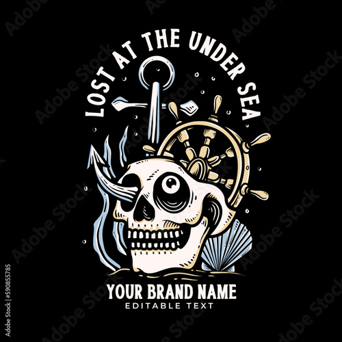 the skull head with anchor at the deep sea illustration