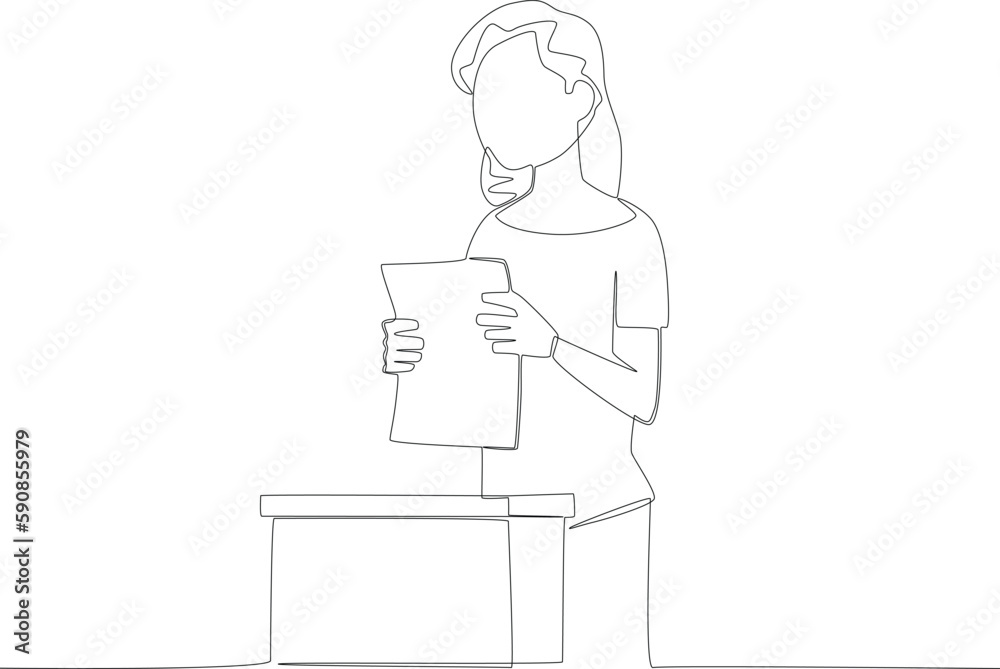 A woman finishes voting. Vote one-line drawing