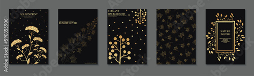 Collection of black floral posters, cards, brochures, flyers, banners, placards, backgrounds and ect. Elegant dark covers with branches and leaves - golden rich design.