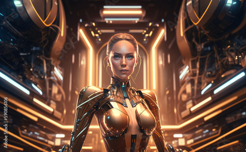 Cyborg woman in futuristic space suit looking at camera Generative AI